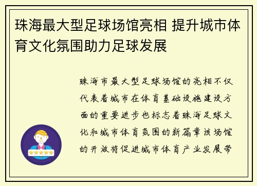 珠海最大型足球场馆亮相 提升城市体育文化氛围助力足球发展