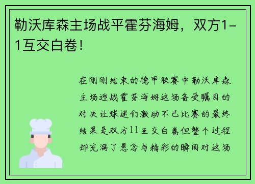 勒沃库森主场战平霍芬海姆，双方1-1互交白卷！