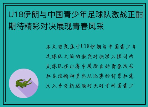 U18伊朗与中国青少年足球队激战正酣期待精彩对决展现青春风采