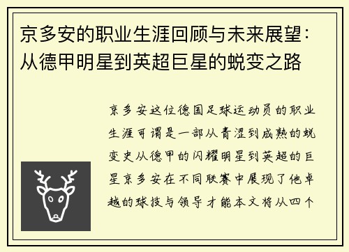 京多安的职业生涯回顾与未来展望：从德甲明星到英超巨星的蜕变之路