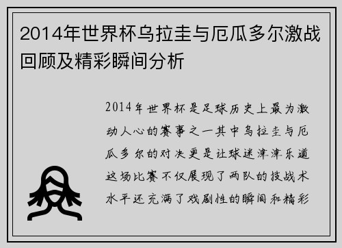 2014年世界杯乌拉圭与厄瓜多尔激战回顾及精彩瞬间分析