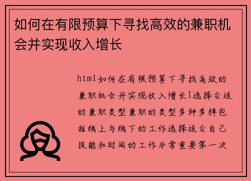 如何在有限预算下寻找高效的兼职机会并实现收入增长