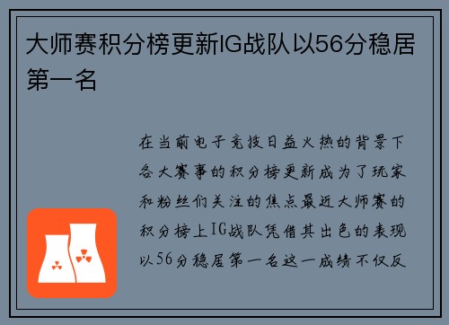 大师赛积分榜更新IG战队以56分稳居第一名
