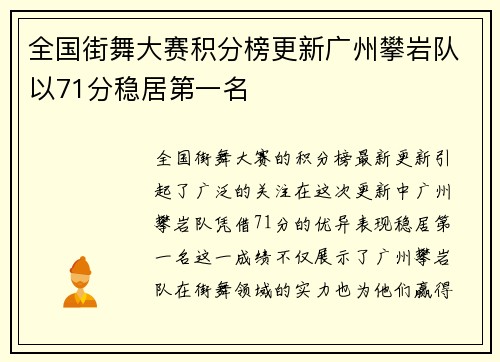全国街舞大赛积分榜更新广州攀岩队以71分稳居第一名