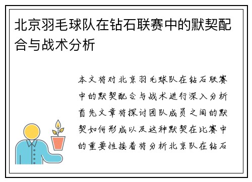 北京羽毛球队在钻石联赛中的默契配合与战术分析