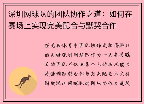 深圳网球队的团队协作之道：如何在赛场上实现完美配合与默契合作